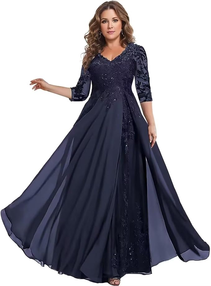 Long Sleeve Mother of The Bride Dress for Wedding Chiffon Lace Applique Formal Gowns BOF163