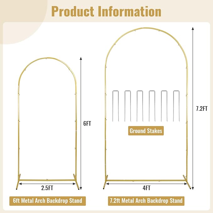 Metal Arch Backdrop Stand Set 7.2FT, 6.6FT, Gold Wedding Arch Frame with 6 U-Clips – Sturdy Rust-Proof Balloon Arch Stand for Wedding Ceremony, Baby Shower, Birthday Party, Indoor/Outdoor Decor
