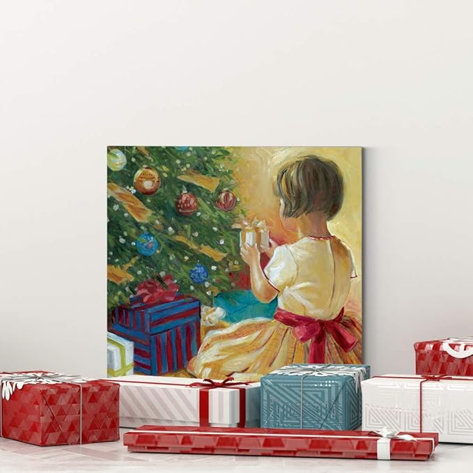Renditions Gallery Christmas Morning Wall Art, Little Girl with Gift by Christmas Tree, Winter Artwork, Yellow & Red, Premium Gallery Wrapped Canvas, Ready to Hang, 40 in H x 40 in W, Made in America