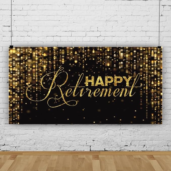 15x8ft Happy Retirement Photography Backdrop Luxury Black and Gold Party Backdrop Background Gold Glitter Celebrate Retirement Party Decorations Wallpaper Studio Props Bokeh Banner Supplies
