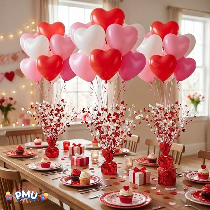 PMU 12 Pcs Red and White Hearts 15 Inch Centerpiece Valentine’s Day Decorations Balloon Weight Centerpiece Valentine's Day Theme