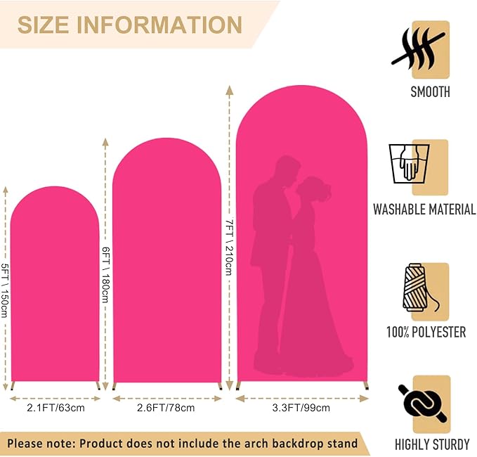 Arch Backdrop Cover Set of 3 Hot Pink Arch Cover Backdrop Fabric 5FT 6FT 7FT Spandex Round Top Arches Stand Covers for Birthday Party Arched Covers Stretchy Backdrops for Prom Reception Decor