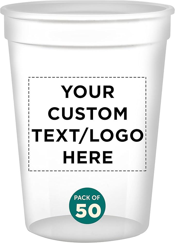 Custom Disposable Plastic Cups 12 oz. Set of 50, Personalized Bulk Pack - Perfect for Summer, Sporting Events, Birthdays, Weddings, Picnic, Beach, Parties - Clear