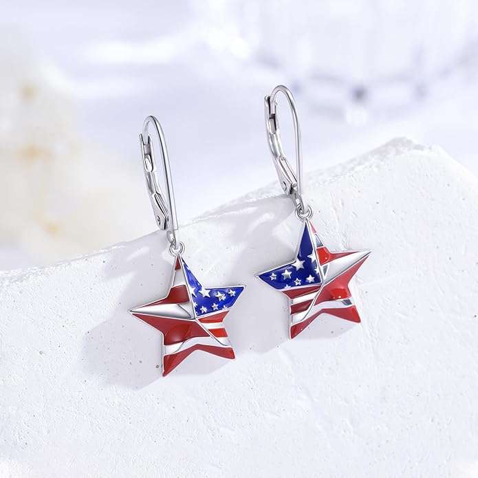 American Flag Earrings for Women 925 Sterling Silver Red White and Blue Star Dangle Drop Leverback Earrings 4th of July Jewelry Patriotic Memorial Day Christmas Gifts
