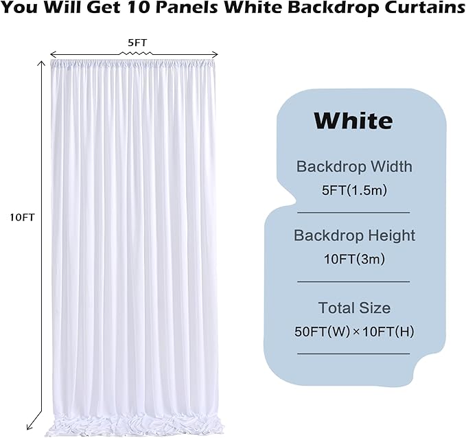 50ft x 10ftt Wrinkle Free White Backdrop Curtains for Parties Wedding, 10 Panels 5x10ft Silky Soft Polyester Photo Backdrop Drapes for Party Birthday Baby Shower Photography Cloth Background