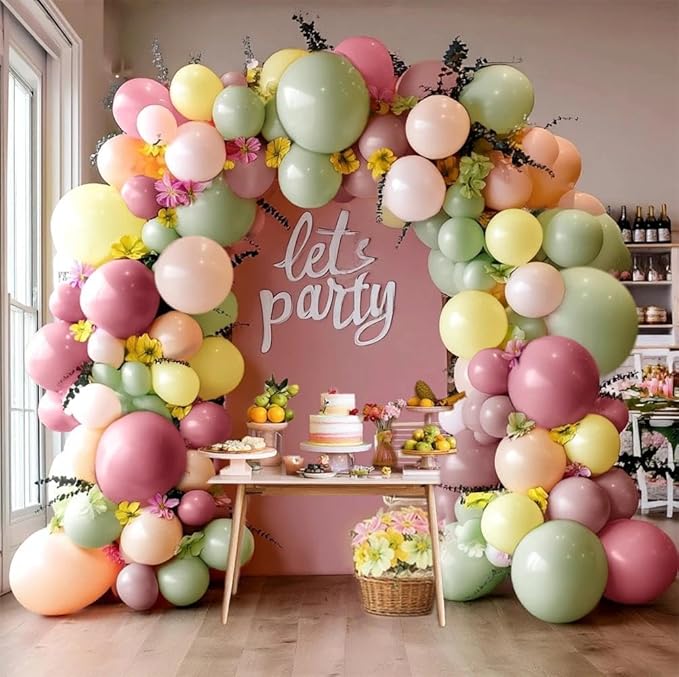 Dusty Green Pink Yellow Balloon Arch Artificial Flower Leaves Double Stuffed Pastel Green Pink Peach Mauve Balloon Garland Kit for Birthday Baby Shower Wedding Fairy Flower Easter Tea Party Decor