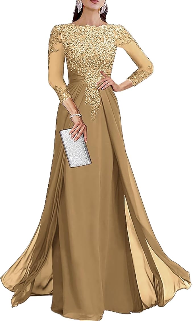 Long Sleeve Mother of The Bride Dresses for Wedding Lace Appliques Chiffon Formal Dress He6052