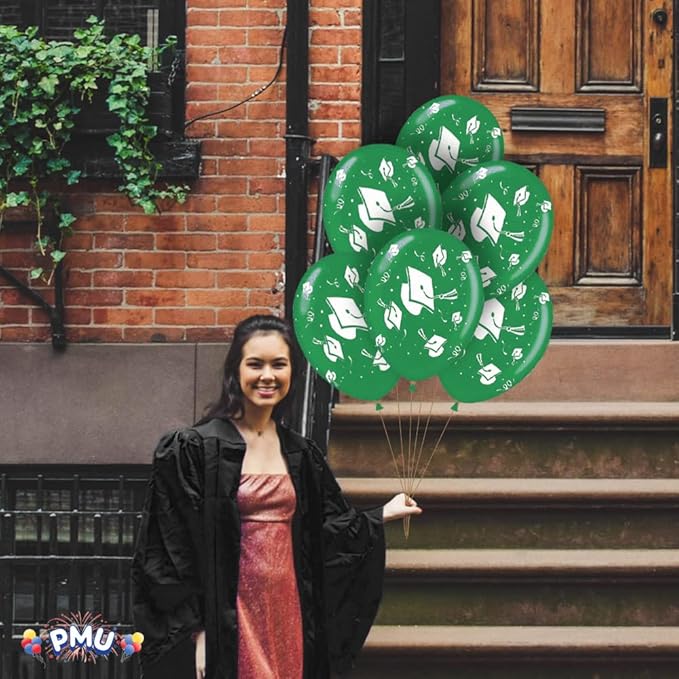 PMU 100 Pcs Emerald Green Graduation Balloons Class of 2025 with All-Over Print White Grad Caps-Confetti and Streamers | Graduation Party Supplies | Congratulations Grad Latex Balloons Latex