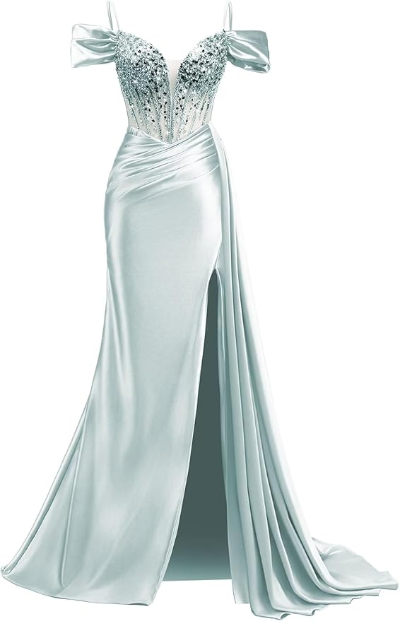 Rjer Off The Shoulder Satin Prom Dresses Long with Slit Tail 2026 Sequin Beaded Pleated Evening Ball Gown for Women Formal