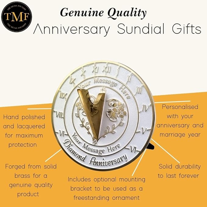 The Metal Foundry Personalized Diamond 60th Large Sundial - Recycled Brass Home Decor Or Garden Present Idea Made in The UK for Parents, Grandparents, Friends, Couples 60 Yr Marriage
