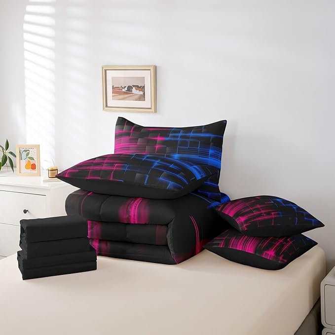 Feelyou Blue and Rose Red Comforter Set with Sheets 7 Piece Full Size Kids Geometric Bed in a Bag Strip Lines Bedding Set Abstract Art Bed Set with Comforter, Sheets,Cushion Covers