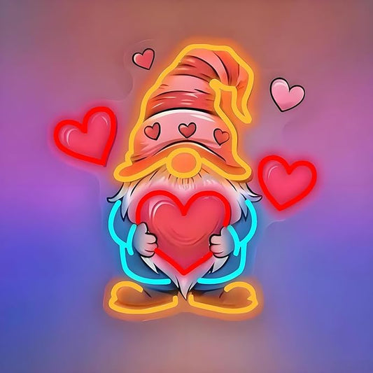Gnome Heart Valentine Neon Sign - 5-Level Dimmable USB Valentine's Day Decor & Heart Neon Signs, Ideal for Wedding Decor, Romantic Nights, Party Supplies, Cute Wall Lights for Spaces