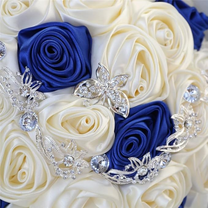 Royal Blue Ivory Bride Toss Bouquet Wedding Handmade with Luxury Silver Rhinestone Brooch for Bridesmaid Satin Rose Flower Bridal Bouquet Wedding Royal Blue and Ivory 6.3in