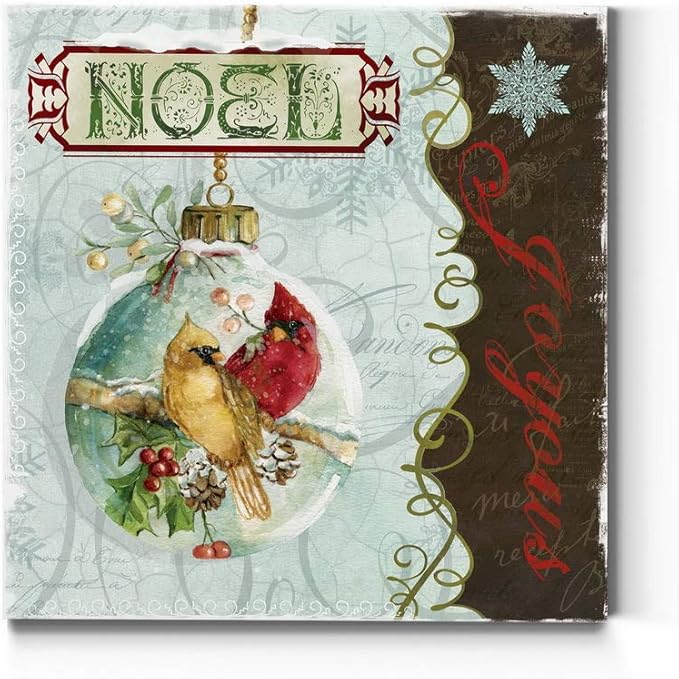 Renditions Gallery Joyous Noel Ornament Wall Art, Cute Winter Decor, Yellow & Red Cardinals, Festive Holly, Premium Gallery Wrapped Canvas, 24 in Hx24 in W, Made in America (WC15-91552-2424)