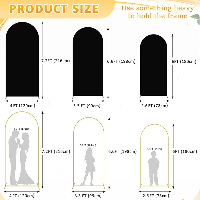 Backdrop Arch Stand with Cover Black Arch with Cover Backdrop 6&6.6&7.2ft Metal Arch Stand and Cover Set of 3 Wedding Arch Cover Gold Arch Backdrop Stand for Wedding Party Reception Decor