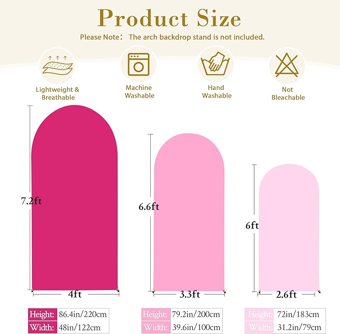 Pink Arch Backdrop Covers Set of 3-7.2FT, 6.6FT, 6FT Pink Spandex Wedding Arch Covers for Baby Shower Girls Birthday Party Wedding Ceremony Banquet Photo Balloon Arch Stand Cover Background Decoration