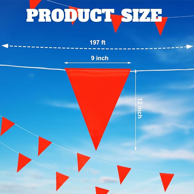 Preboun 197FT Pennant Banner Flags High Visibility Safety Marking Flags Traffic Resistant Warning Signs Rooftop Flagging for Roadwork, Hazard Areas, Construction Sites(9 x 12 Inch,Red)