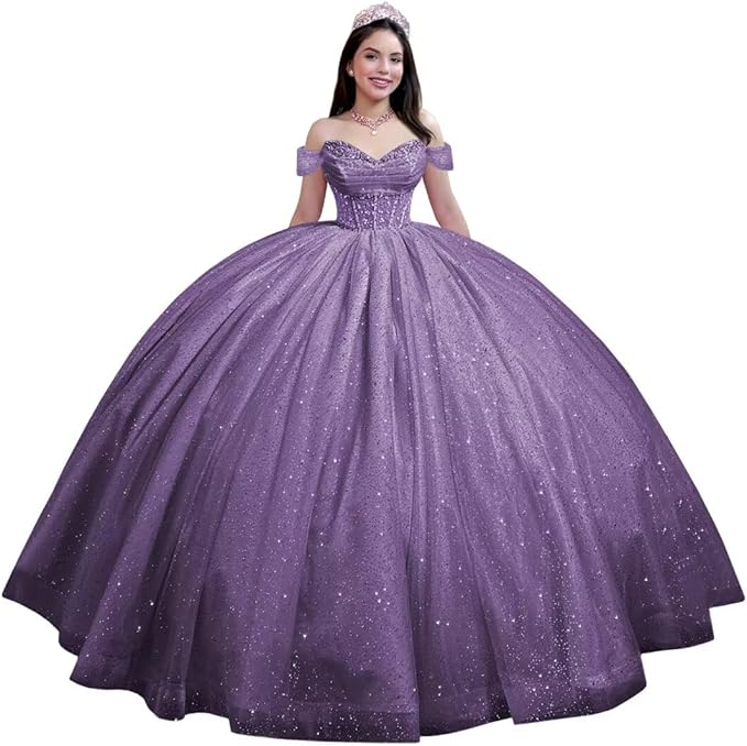 Youjiayi Glitter Tulle Quinceanera Dresses with Train Off Shoulder Beaded Sweet 16 Dresses Pleated Long Ball Gown for Women