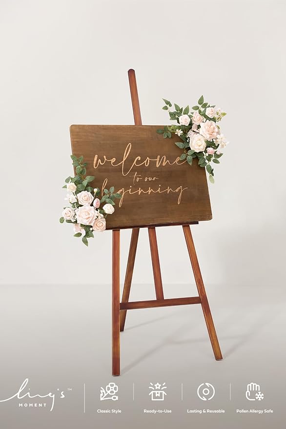 Ling's Moment 2pcs Wedding Floral Swag Welcome Sign Artificial Flowers Backdrop Garland Blush & Cream Ceremony Reception Wall Home Decorations Entryway Faux Outdoor Board Head Table Decor
