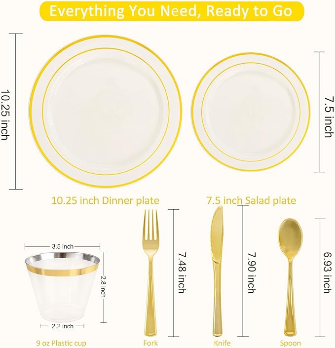 WELLIFE 210PCS Ivory Plastic Plates for 30 Guests - Gold Plastic Plates, Platos Para Fiestas Elegantes Desechables, Disposable Plate for Party and Wedding