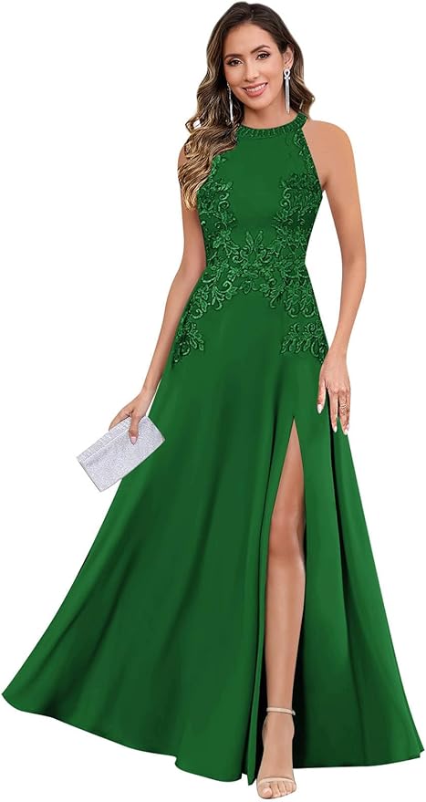 GUKARLEED Halter Lace Appliques Mother of The Bride Dresses for Women Long A-line Formal Wedding Guest Dress with Slit