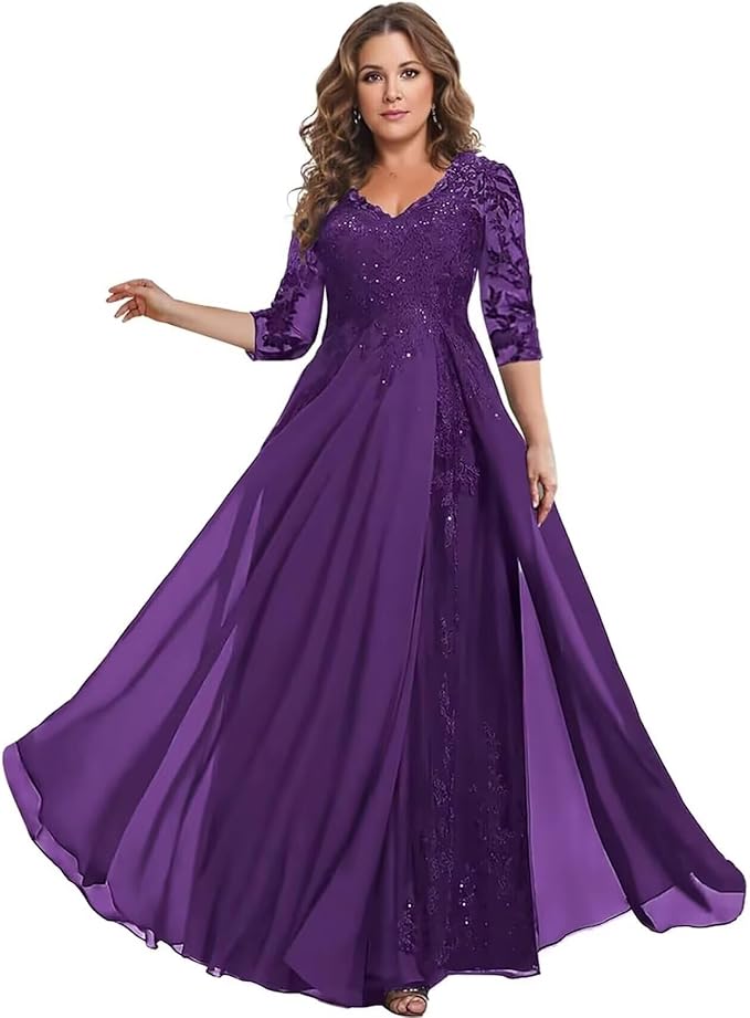 Long Sleeve Mother of The Bride Dress for Wedding Chiffon Lace Applique Formal Gowns BOF163