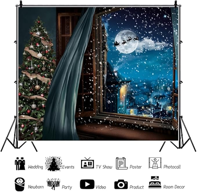 Christmas Backdrop 10x8ft Christmas Window Snowy Scene Photography Backdrop Xmas Tree Snow Background Merry Christmas Happy New Year Party Decoration Banner Portrait Photoshoot Studio Props