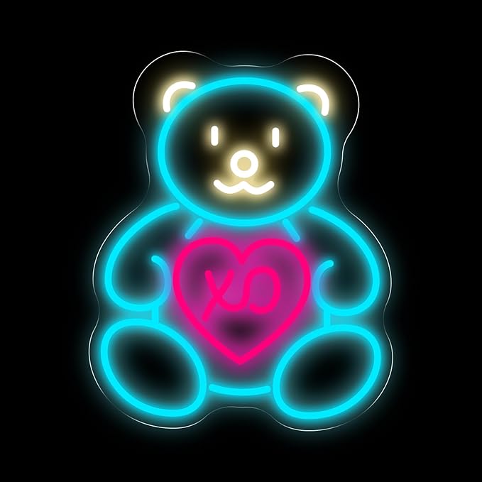 Blue Teddy Bear Neon Sign for Wall Decor, Cute XO Heart LED Neon Light for Girls’ Room & Teen Bedroom, Adorable Neon Wall Art for Valentine’s Day Gift & Cozy Bedroom Decor 15.8"x12.6"