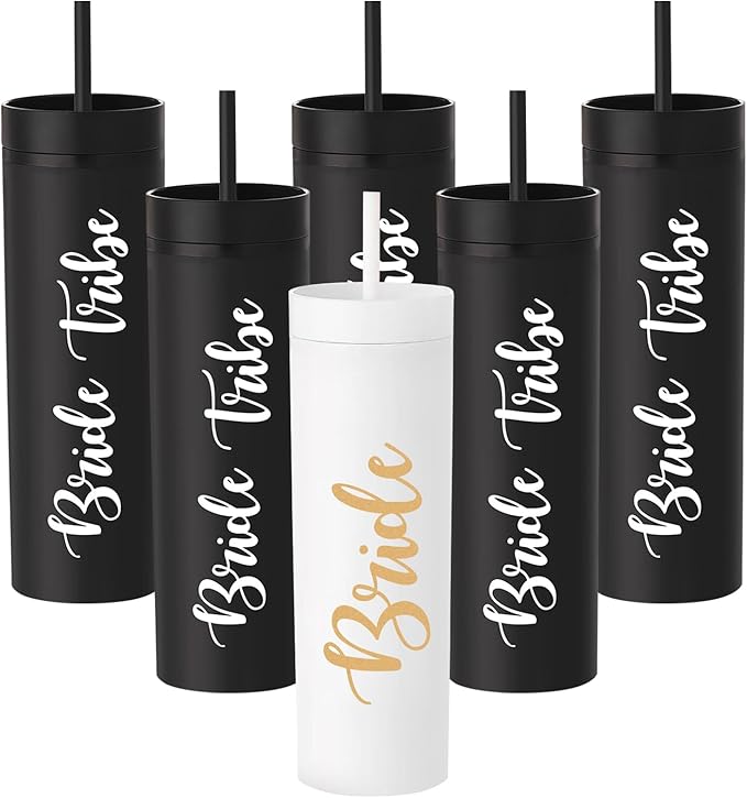 6 Pack Bride to Be Skinny Tumbler | 16 oz Bride Tribe Tumblers | Bachelorette Party Cups | Engagement Wedding Gifts Bridesmaids Mugs Bachelorette Party Supplies & Games