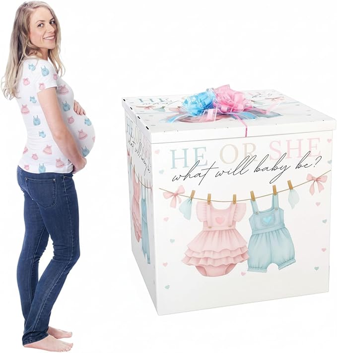 AmazingSpark 28in Jumbo Gender Reveal Gift Box Kit with Oversized Box Giant Pull Bows for Gender Reveal Baby Shower Birthday Party Decor (Baby Clothes)