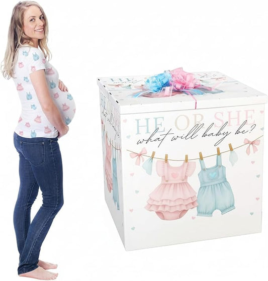 AmazingSpark 28in Jumbo Gender Reveal Gift Box Kit with Oversized Box Giant Pull Bows for Gender Reveal Baby Shower Birthday Party Decor (Baby Clothes)