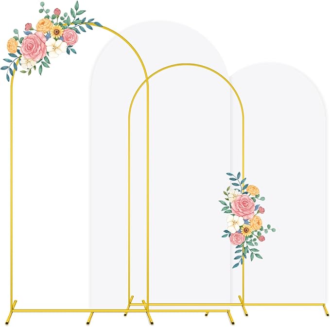 Arch Stand and Cover Set of 2 Metal Arch Backdrop Stand with White Arches Cover Spandex 7.2 and 6FT Wedding Arched Stands Backdrop for Birthday Bridal Baby Shower Celebration Party Decoration