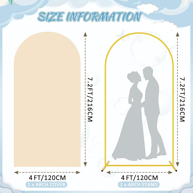 FOTSHARER 7.2FT Metal Arch Backdrop Stand with Beige Arch Cover Wedding Balloon Arches Stands Spandex Fitted Arched Backdrop Stand Cover for Baby Shower Birthday Party Graduation Ceremony Decor