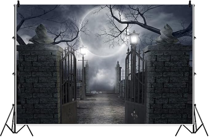 Halloween Night Backdrop Full Moon Cemetery Horrible Gloomy Forest Background Banner Spooky Theme Party Studio Photography Decoration Backdrops 10x10FT Wallpaper