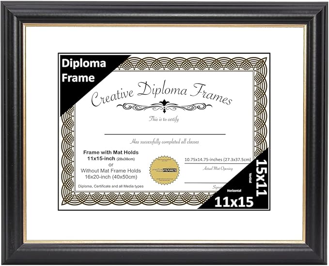 Creative Picture Frames 11" x 15" Rockefeller Black with Gold Rim Diploma Frame, Displays 11" x 15" Certificate or 16" x 20" Document without Mat, College Degree Frame, Full-Strength Glass, White Mat
