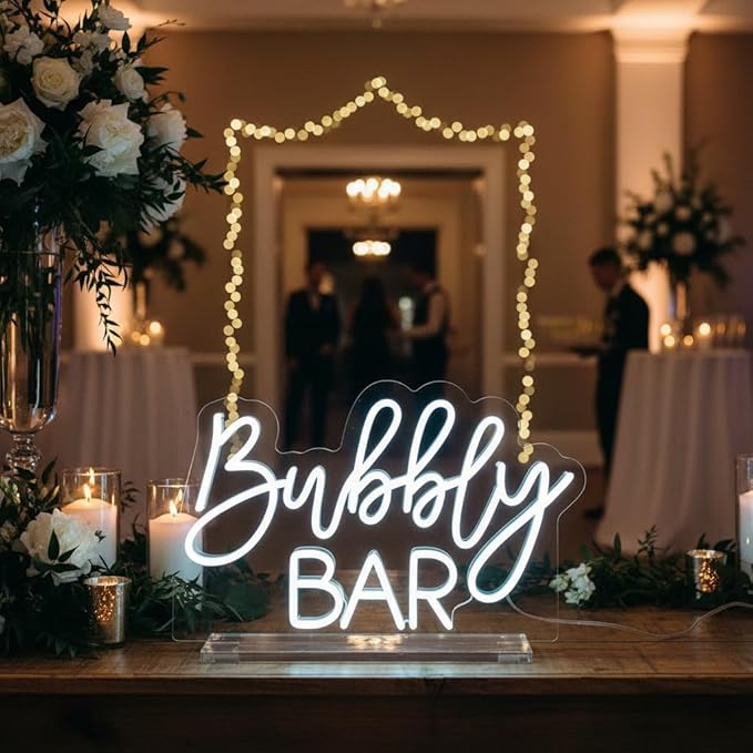 Bubbly Bar Neon Sign Tabletop, Handmade White Wedding LED Neon Light with Stand for Wedding Engagement Event Party Baby Bridal Shower Home Champagne Mimosa Bar Reception Table Sign - 15''