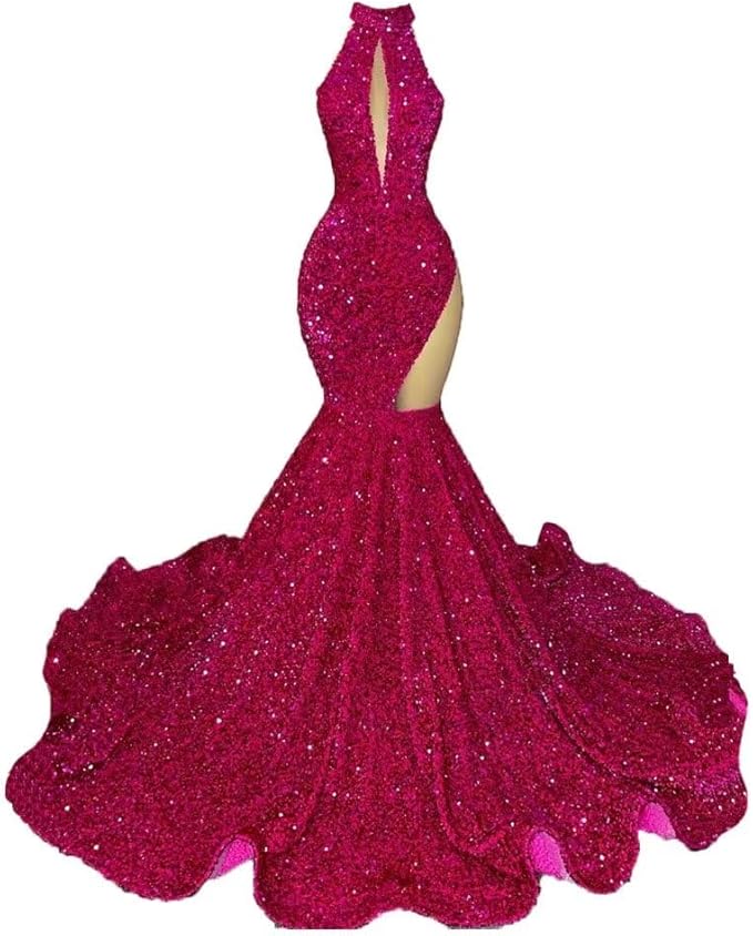 Sexy High Neck Mermaid Evening Long Dress Sequins Sleeveless Celebrity Pageant Dress Cocktail Party Gowns