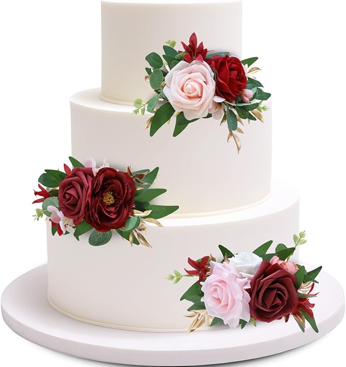 Marriwise 3Pcs Pre-made Cake Toppers Flowers, Burgundy Red Wedding Cake Decoration,Artificial Flowers Decor for Wedding Ceremony Anniversary,Birthday Party,Outdoor Forest (Burgundy Red)