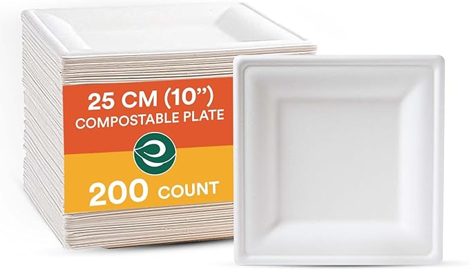 ECO SOUL 10 Inch Compostable Disposable Paper Plates [200 Pack] Food Safe 100% Virgin Bagasse Pulp Heavy Duty Biodegradable Microwave Safe Large Square Dinner Plate for Party, Picnic & BBQ (White)