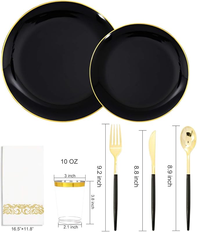 Supernal 350pcs Black Plastic Dinnerware Set - Black and Gold Plastic Plates, Gold Silverware Set, Wedding Party Plate, Cups for Birthday, Party, Wedding,Valentine's Day, Mother's Day and Easter