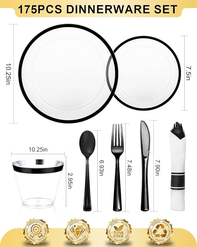 175PCS Plastic Clear Black Plates for Party, Disposable Dinnerware Set for 25 Guests,50 Plastic Plates, 25 Cups, 25 Pre-Rolled Napkins with Cutlery for Party, Christmas, Wedding