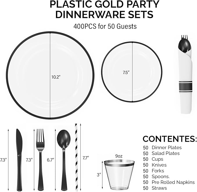 ROVSUN 400 Piece Black Disposable Dinnerware Set for 50 Guests, Clear Plastic Plates for Party, 50 Pre-Rolled Napkins,Silverware,Dinner & Dessert Plates,Cups,Straws for Wedding Birthday Event