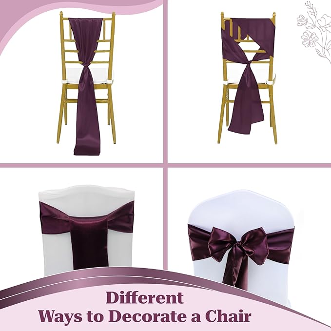 VDS Satin Chair Sashes Chair Cover Back Tie Sateen Bows Ribbon for Wedding Birthday Graduation Engagement Ceremony Event Party Banquet Venue Hotel All Dining Chair Decoration (300PC) (Plum)