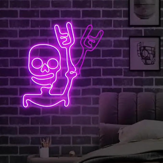 Skeleton Waving Hand Neon Sign, Halloween Skull Door Window Decorations, Funny Skull Waving Light Halloween Party Night Decor Size:W17 x H18in