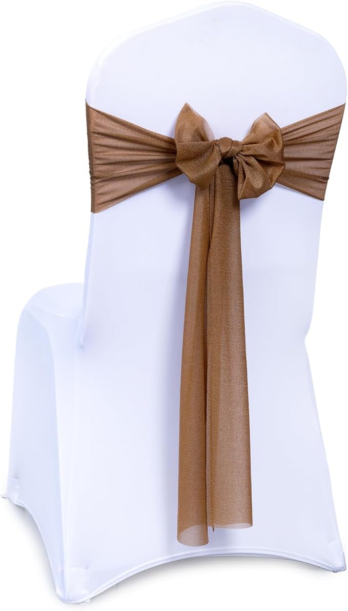 VDS Pack of 300, Mocha, Sheer Chiffon Chair Sashes Bows Chair Cover Back Tie Ribbon for Wedding Birthday Baby Shower Engagement Ceremony Event Party Banquet Restaurant Dining Chair Decoration