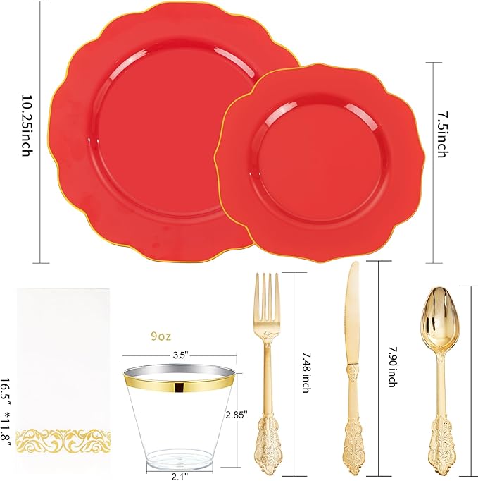 NOCCUR 175PCS Red Plastic Plates with Gold Disposable Silverware - Include 50 Red Gold Plastic Plates,25 Knives,25 Forks,25 Spoons,25 Cups and 25 Napkins - Ideal for Party/Valentines & Galentines Day