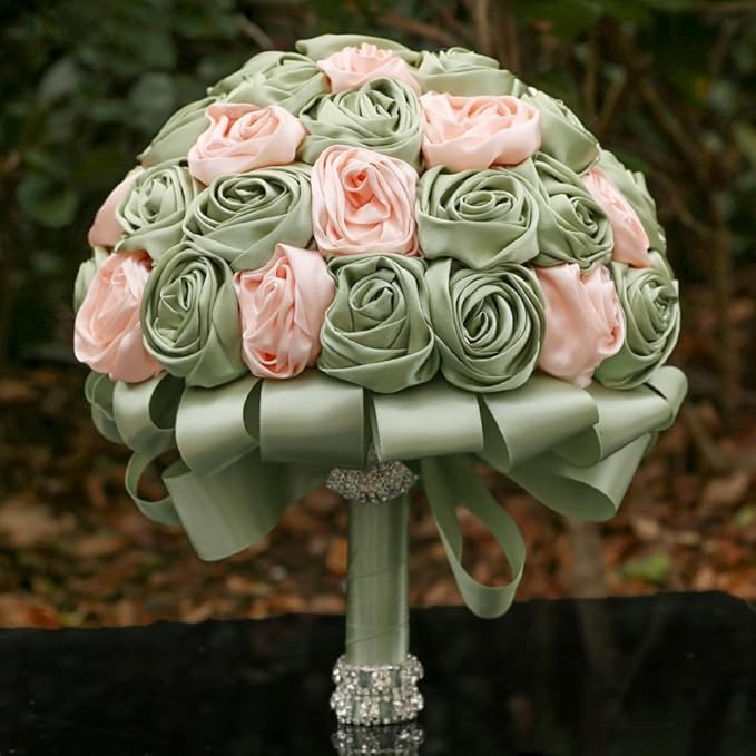 Handmade Wedding Bridal Bouquet Round Satin Rose Flower Bouquet for Bride Bridesmaid Quinceanera Wedding Bouquet Sage Green and Pale Pink 7.5in