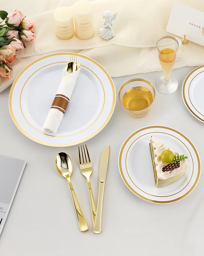 Goodluck 320PCS Gold Disposable Plastic Dinnerware Set for 40 Guests, Include 40 Dinner Plates, 40 Dessert Plates, 40 Napkins with Silverware, 40 Cups, 40 Champagne Glasses, for Christmas, Wedding