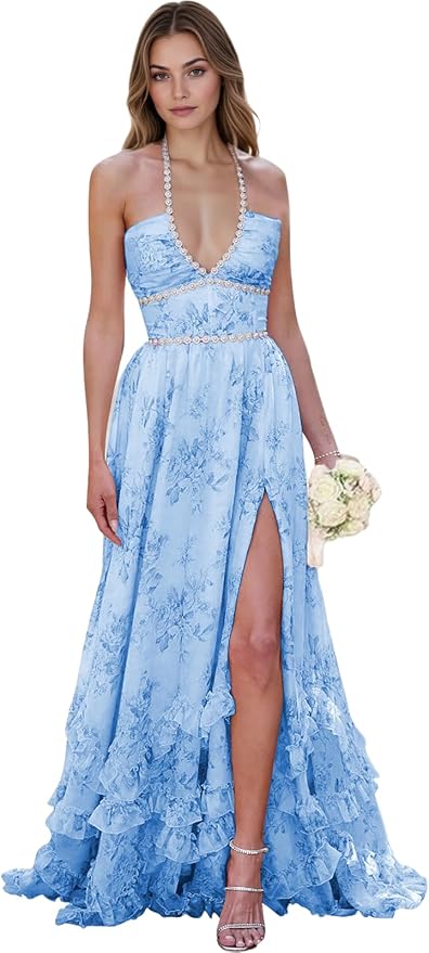 Floral Printed Chiffon Prom Dress for Carmen 2025 Long V Neck Floor Length Photoshoot Dress with Side Slit Ruched