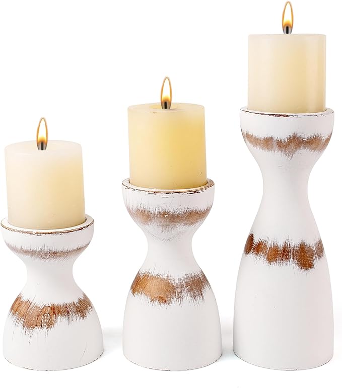 Set of 3 Farmhouse Wooden Candle Holders for Pillar Candles, White Distresse Rustic Wood Pillar Candle Stands with Hemp Rope Bow Table Centerpiece Decor for Fireplace, Living, and Dining Room